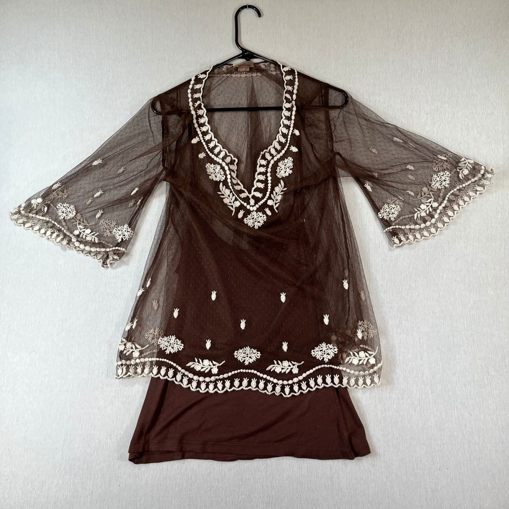 Sundance XS Brown Mesh Embroidered Tunic Top Camisole Floral Bell Sleeve BOHO